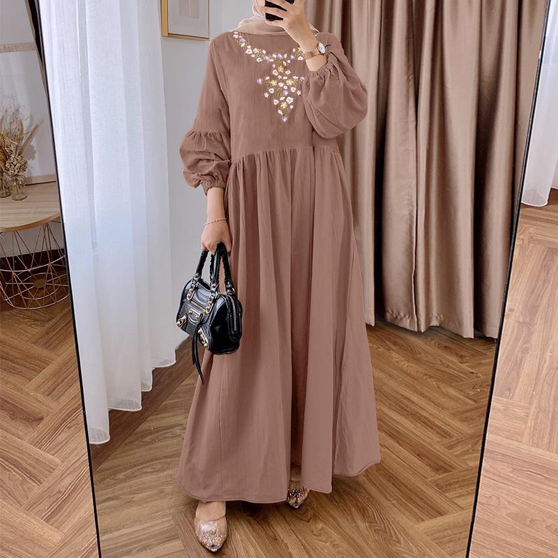 ZANZEA Women Casual Round Neck Long Sleeve Loose Floral Embroidery Dress
