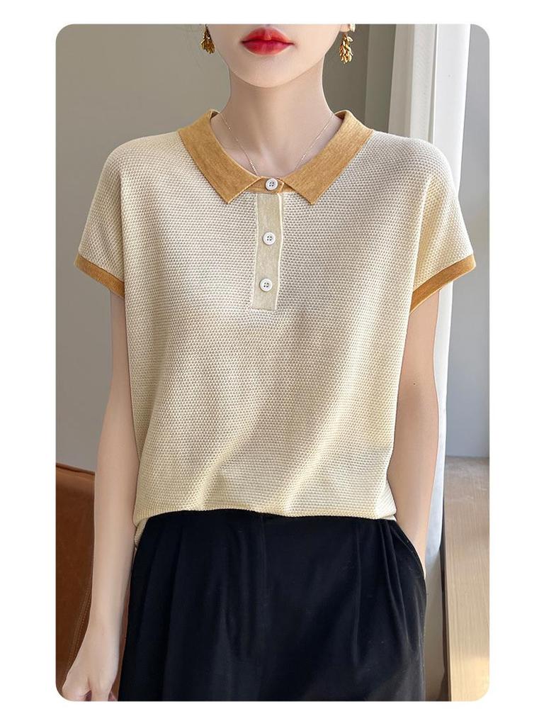 Women's Tencel Colorblock Polo Collar Short-Sleeve Contrast T-Shirt – Stylish, Loose, Age-Reducing Summer Top