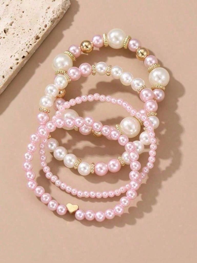 Women Elegant Faux Pearl Beaded Bracelets Combination Fashion Party Accessories