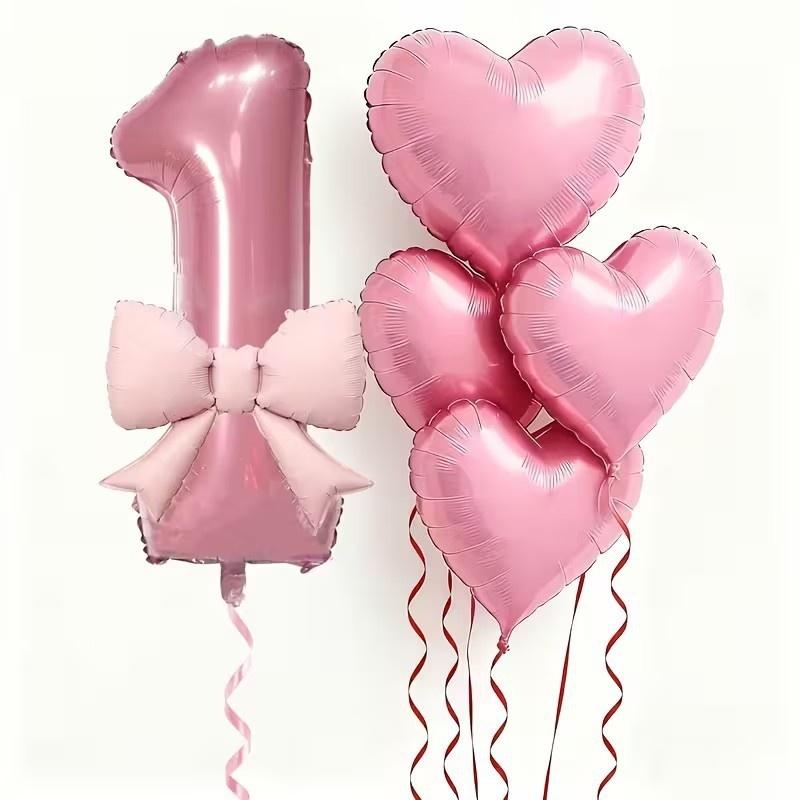 6/7Pcs Birthday Party Wedding Engagements Anniversaries Decor Pink Bow Heart Balloon With 32Inch Pink Number Foil Balloon
