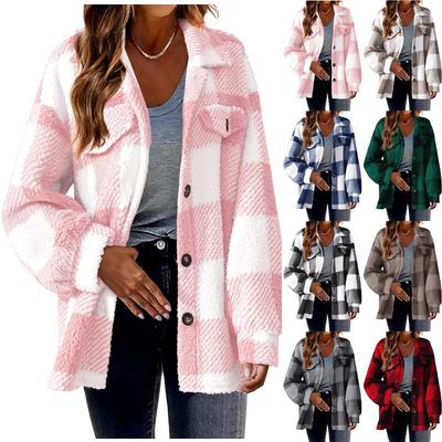 Women's Autumn Winter Fashion Thick Plush Solid Color Plaid Button Long Sleeves Casual Sports Casual Jacket La Fleece Top With Pocket