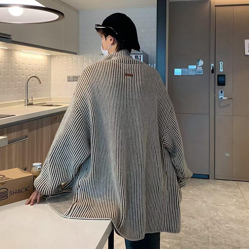 Pánský retro pletený kardiganový svetr s vysokým límcem na zip, barevný blok