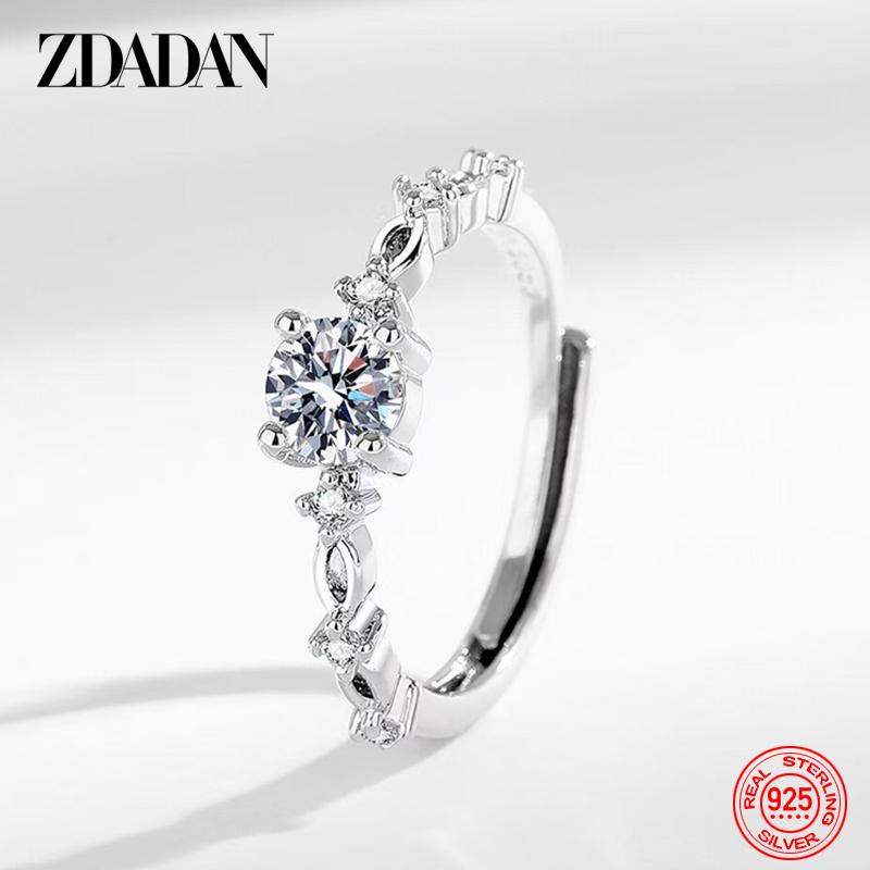 ZDADAN 925 Sterling Silver Simple 5mm Zircon Adjustable Ring for Women Fashion Jewelry One Size