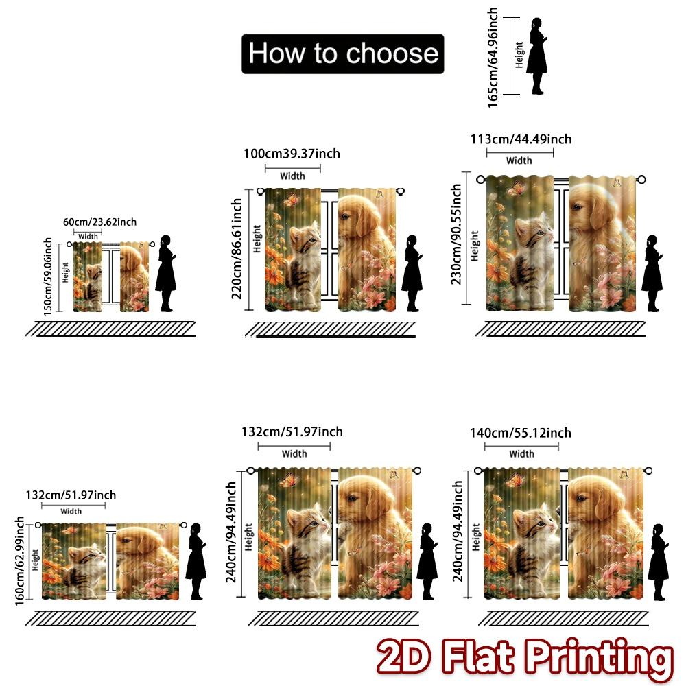 2D flat printing 2pcs Curtain Curtains Spring Puppy and Kitten Digital Printed Polyester Drapes Festive Curtains Use for Holiday