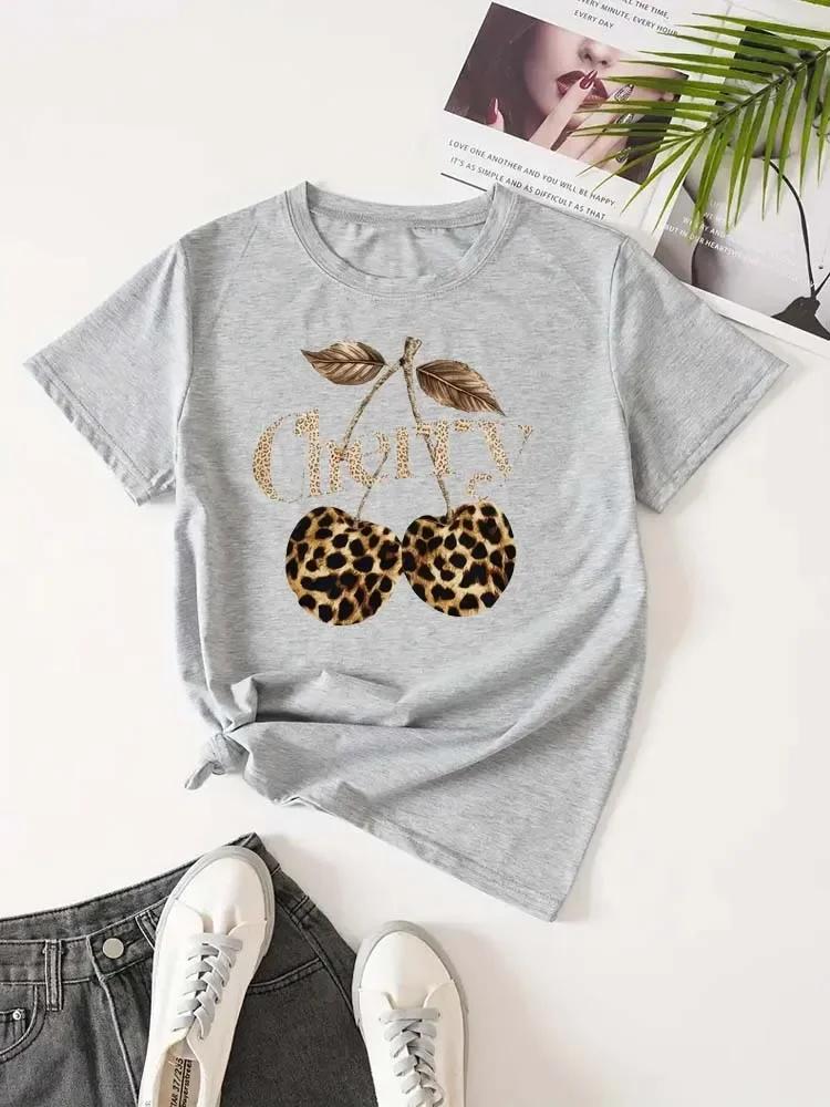 Women's T-shirt Leopard Cherry Printed Casual Fashion Short Sleeve T-shirt Soft Comfortable Summer Casual Women Clothing