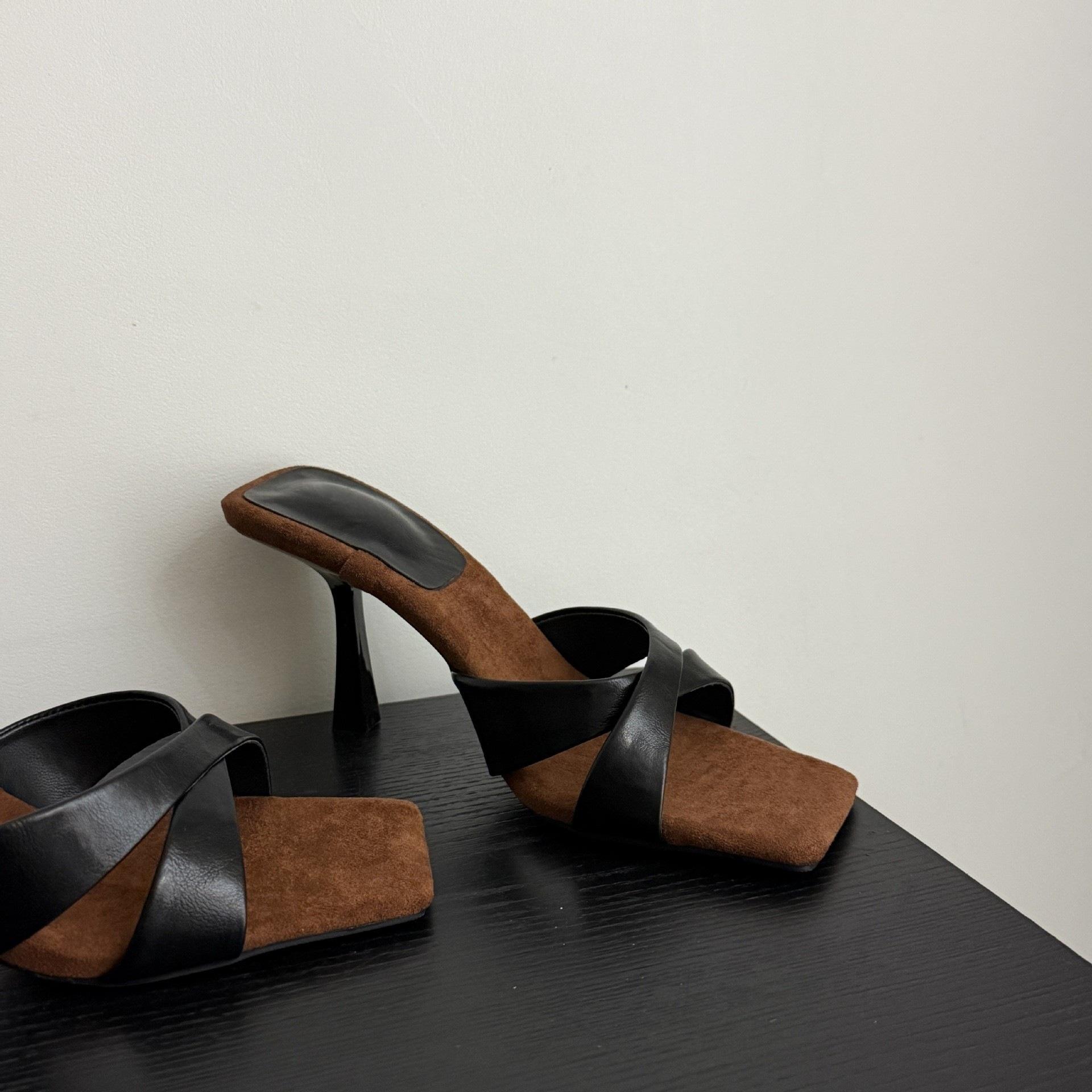 

European and American style square head cross belt color matching one-word slippers 2025 summer new open-toed stiletto high-heeled cool slippers 42