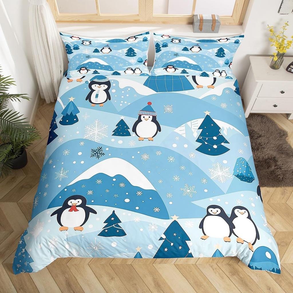 Kreslený tučňák Povlak na peřinu ,Sada povlečení s polárními zvířaty a melouny Pro Dekoraci Pokojů Chlapců a Děvčat,Obal na přikrývku s arktickou divočinou a ovocem