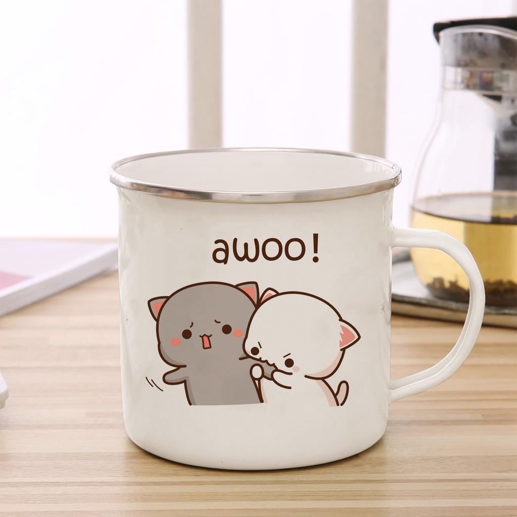 Peach and Goma Cat Enamel Coffee Tea Cup Cute Animal Breakfast Dessert Milk Water Cup Couple Gift