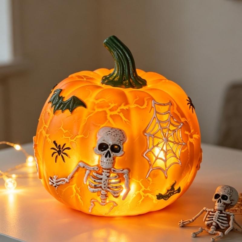 Illuminated Plastic Pumpkin Ornament with Skeleton Web Detail for Halloween Party Decoration, and Table Shelf and Entryway