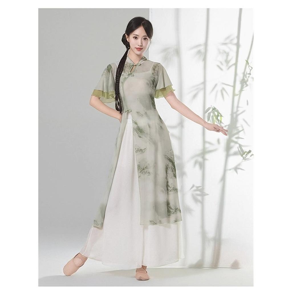 Women's Chinese Traditional Dance Dress, Bamboo Print Cheongsam Style Flowy Practice Costume For Tea Art & Folk Dance