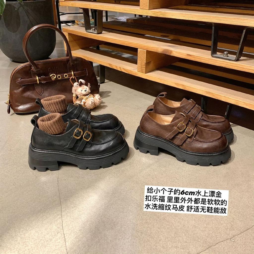 Washed Cowhide Version~ Height Increase 6cm Genuine Leather Small Gold Buckle Thick Heel Thick Sole Loafer Single Shoes Women's Leather Shoes