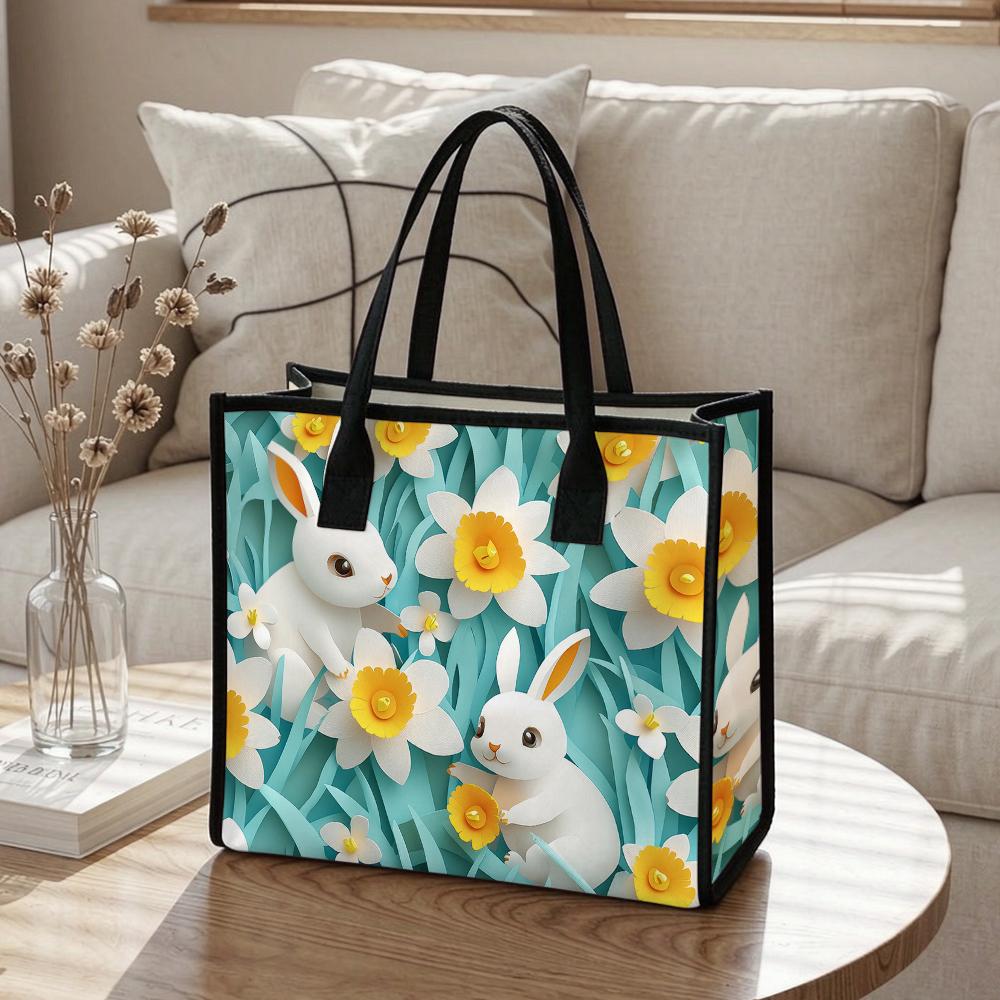 Cute Rabbit Floral Print Casual Tote Bag for Daily Outdoor Shopping Use