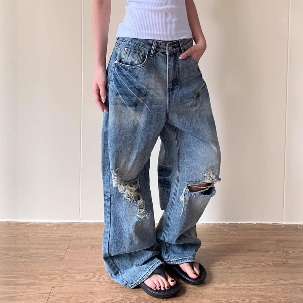 American street washed old ripped jeans men's spring and autumn straight loose European and American high street vibe wind long pants
