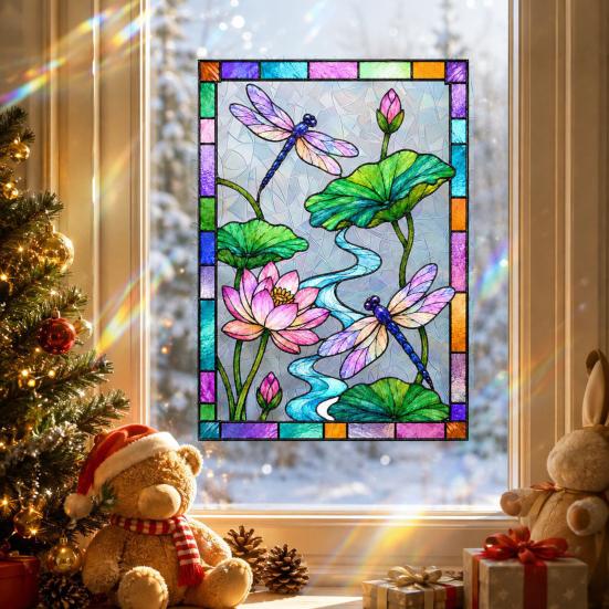 Waterproof Window Film Dragonfly Lotus Stained Glass Style Cling, Rainbow Suncatcher Static Pattern Decal, Privacy for Home Door Balcony Bathroom