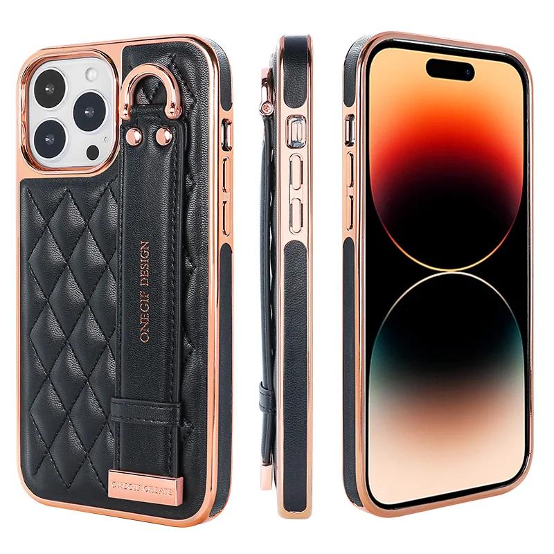 

Luxury Ring Wrist Strap Phone Case for iPhone 16 pro Max 15 14 13 12 with Card Holder Wallet Shockproof Fashionable Bracket iPhone 12 чорний