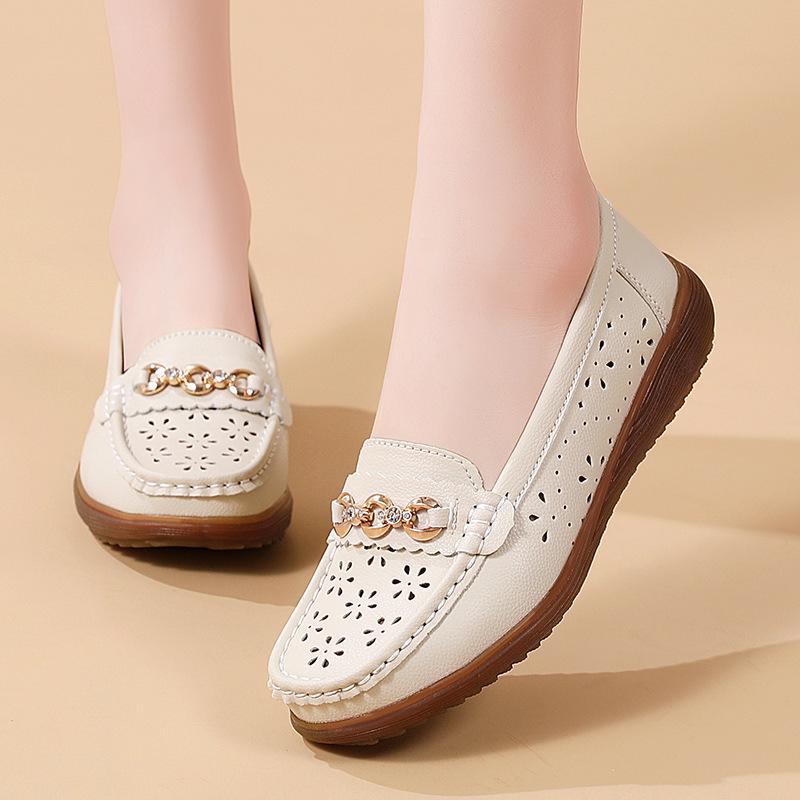 2023 Spring/Autumn Women's Casual Leather Slip-On Shoes with Metal Buckle - Soft Sole, Large Size, Comfort for Moms