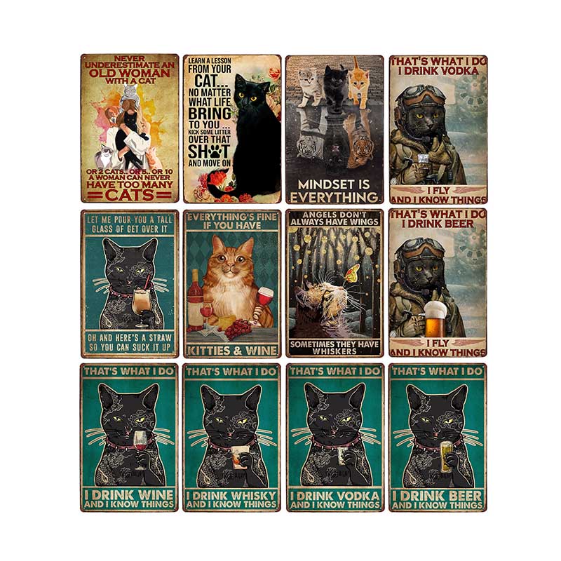 Lustiges Katzen-Vintage-Metallschild, Teller, Dekoration, Hausmalerei, Wohnzimmer, Tierhandlung, Poster, Wand, Retro-Dekor, Kunstplakate, 20 × 30 cm