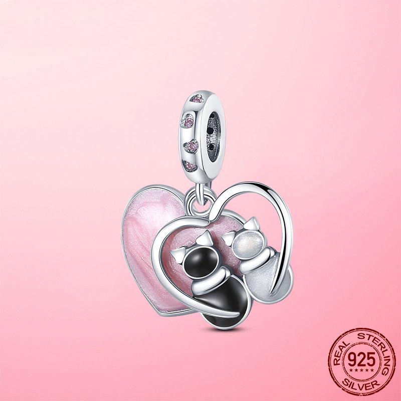 Copper Couple Cat Kitten Pendant In Heart Shape Dangle Charm Bead Charms Accessories Bracelets Bangle Jewellery Anniversary Party