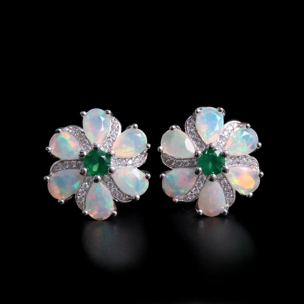 Wunderschöne silberne Ohrringe mit natürlichem Opal, grünem Achat, echten Edelsteinen, 925 Sterlingsilber, feiner Schmuck für Frauen