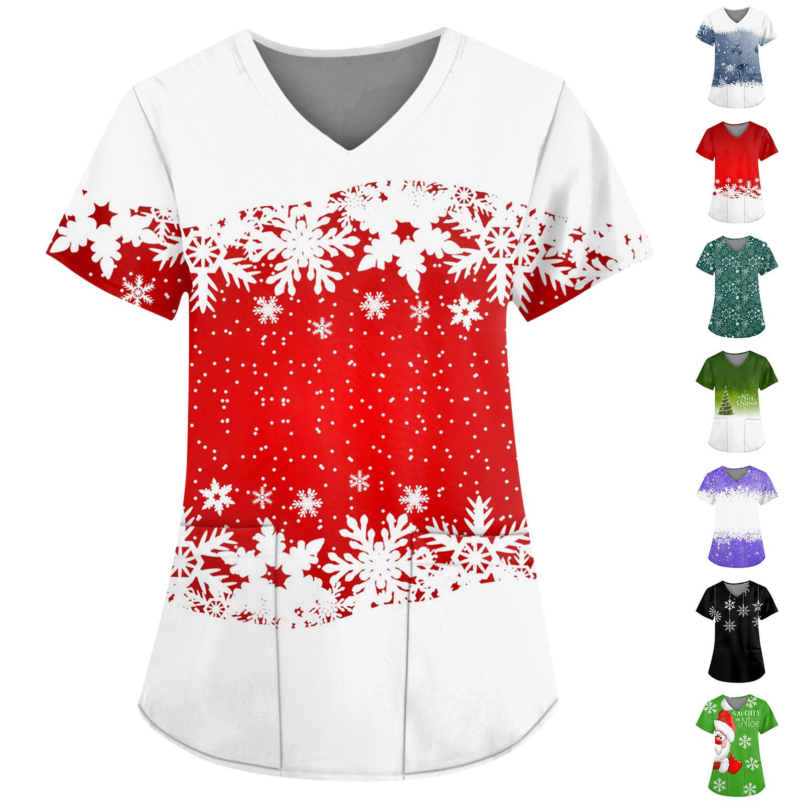 

Женская мода с v-образным вырезом, короткими рукавами и карманами, топы с рождественским принтом XXXXL красный