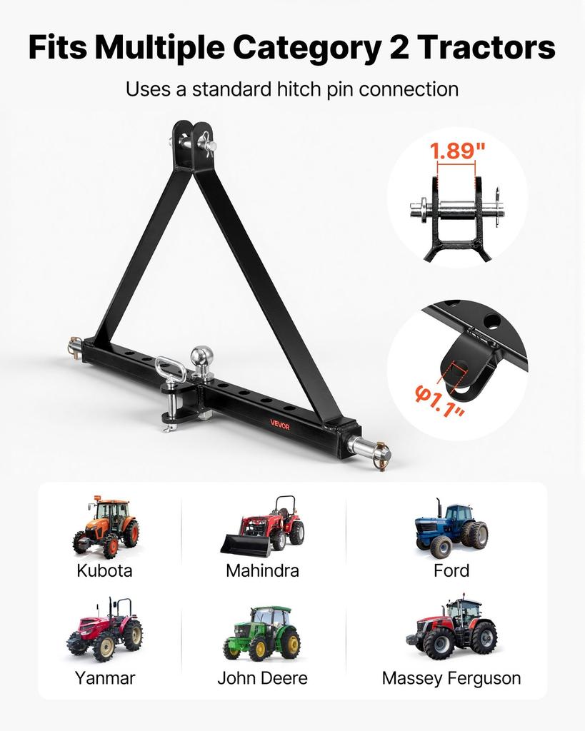 3 Point Trailer Hitch with Trailer Ball, 3 Pt Quick Hitch Attachment, Tractor Tow Drawbar Adapter, Compatible with Category 2 Tractor, Kubota,