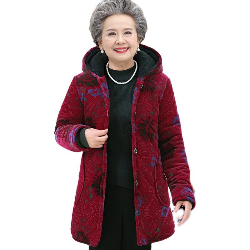 Elderly Women's Cotton-Padded Winter Jacket - Thickened Velvet Coat for 70-Year-Olds
