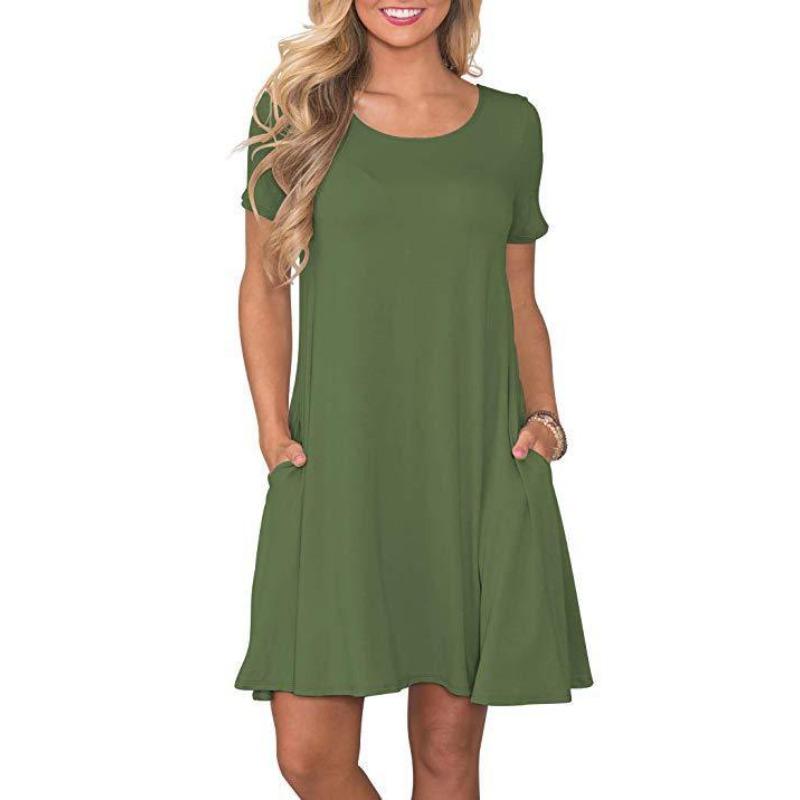 European And American New Round Neck Solid Color Casual Pocket Short Sleeve Big Pendulum Dress Women'S Clothing