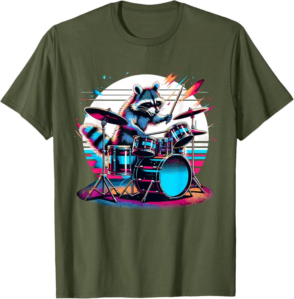 Raccoon Drummer Musician Retro Graphic TShirt Breathable Casual Cotton Tee