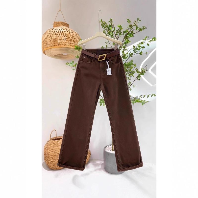 Fleece coffee wide-leg jeans women's winter, new high-waisted and thin pear-shaped narrow version straight pants