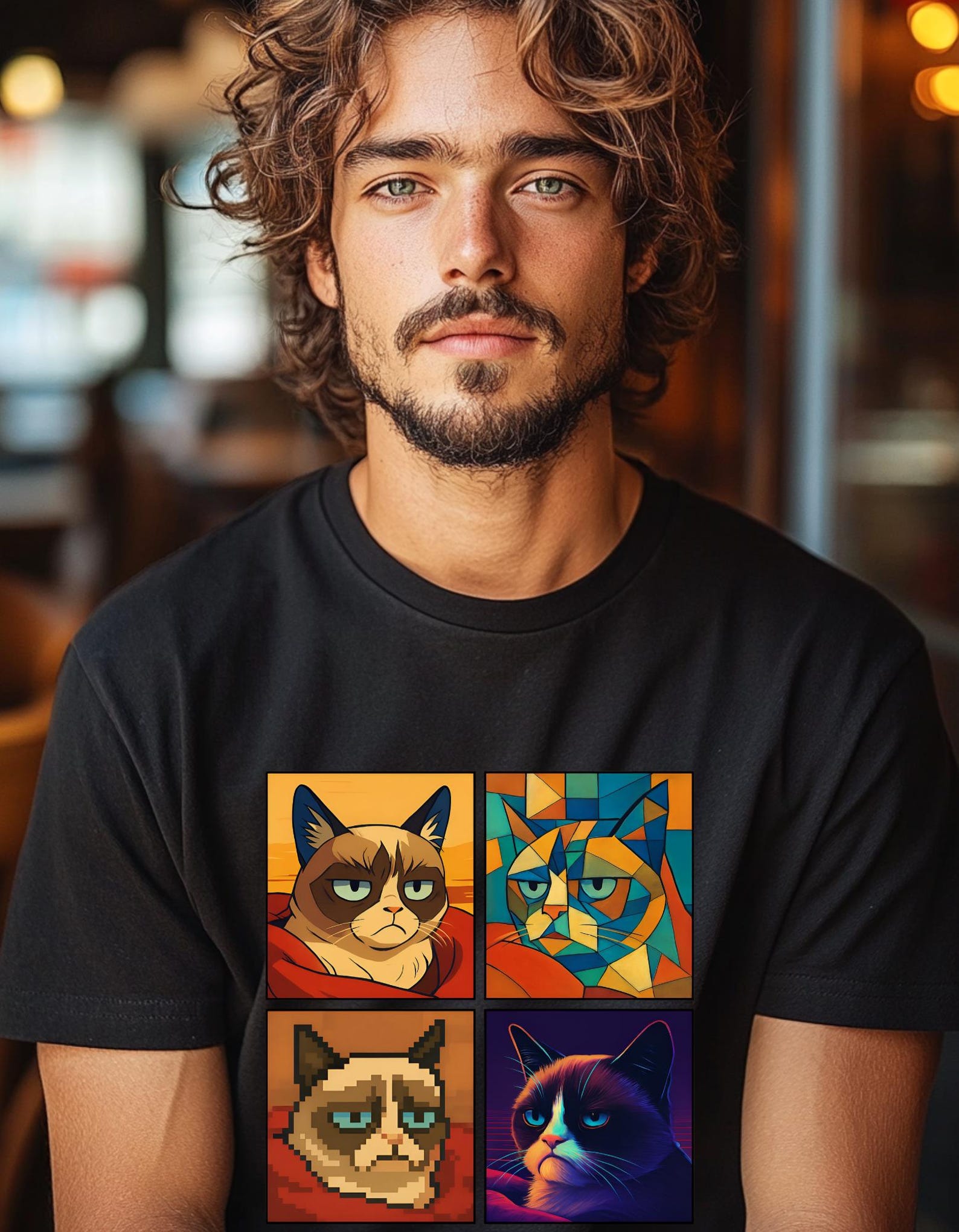 Grumpy Cat Meme T-Shirt - Iconic Angry Cat Graphic Tee - Pixel, Cubism & Neon Styles - Funny Unisex Gift for Cat Lovers L