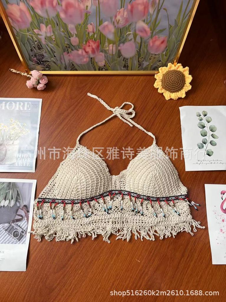 New fashionable and sexy tube top with small suspenders for women's summer seaside beach lace-up hollow knitted neck top