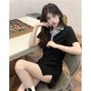 Contrasting color small black dress French polo collar dress women's summer new a-word split skirt small short skirt ins