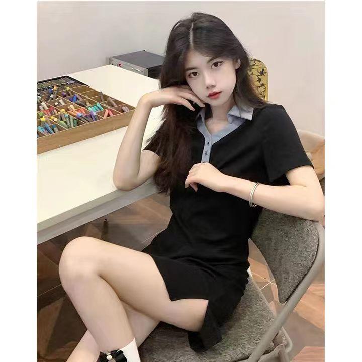 Contrasting color small black dress French polo collar dress women's summer new a-word split skirt small short skirt ins