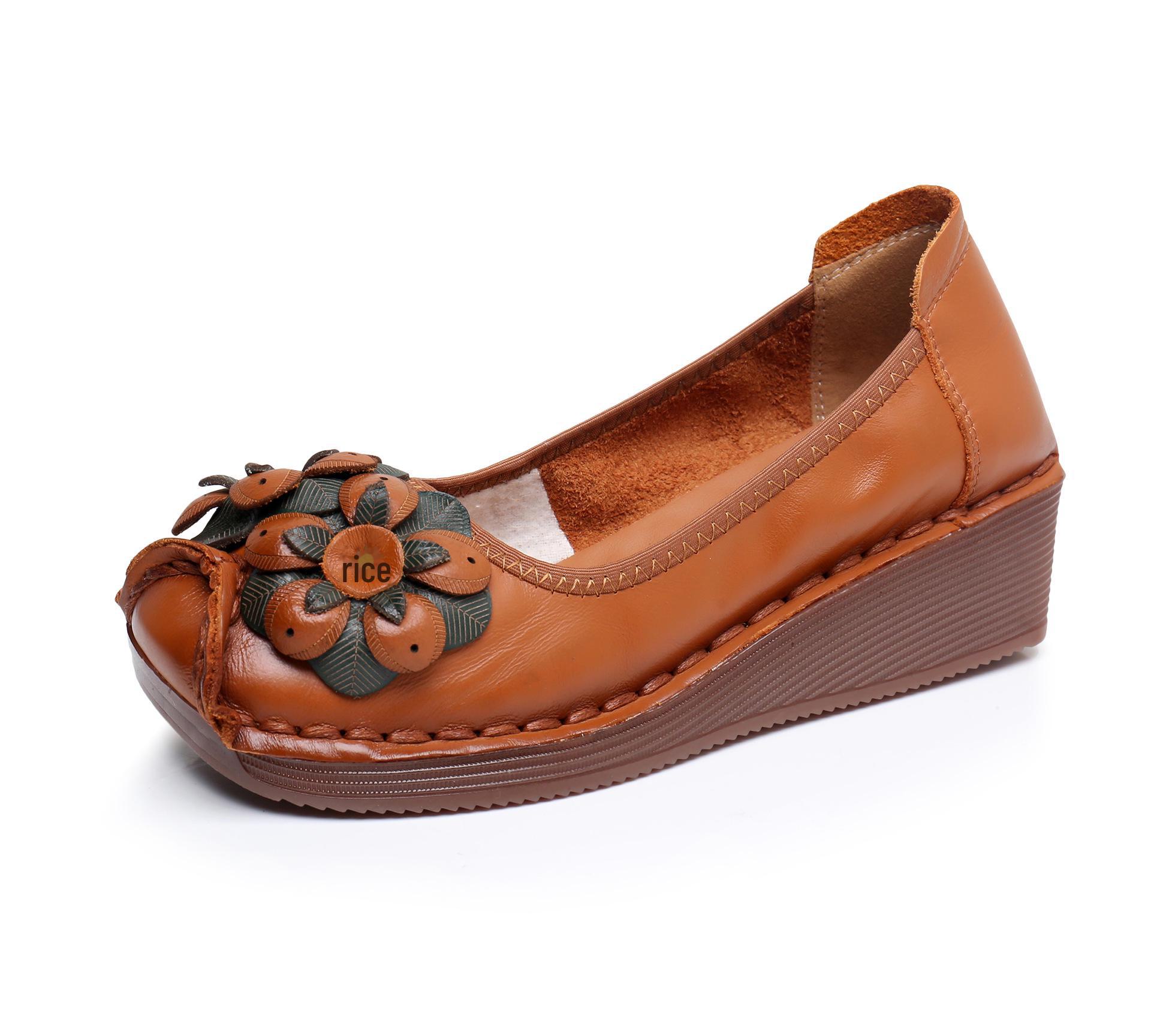 

Туфлі на танкетці з натуральної шкіри 2024 року в етнічному стилі: Зручне повсякденне взуття з квітковим принтом, яке не ковзає 39 помаранчевий