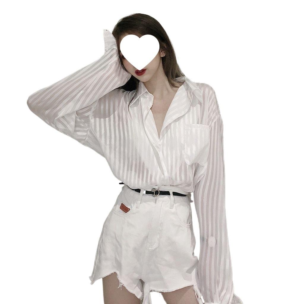Women's White Striped Long Sleeve Silk Shirt - Loose, Versatile, Sun Protection Jacket for Summer