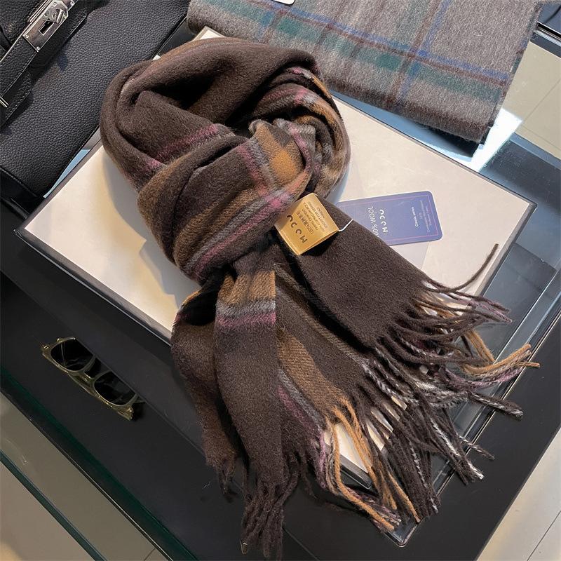 100% Pure Wool Scarf Female Winter Warm Cashmere Shawl Checkerboard Grain Design Couple Accessory Premium Sense Windproof Scarf