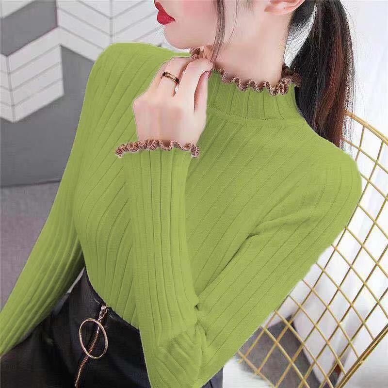 Autumn and Winter New Style Wooden Ear Edge Thickened Half High Collar Sweater Women Pullover Short Slim Knit Bottoming Shirt