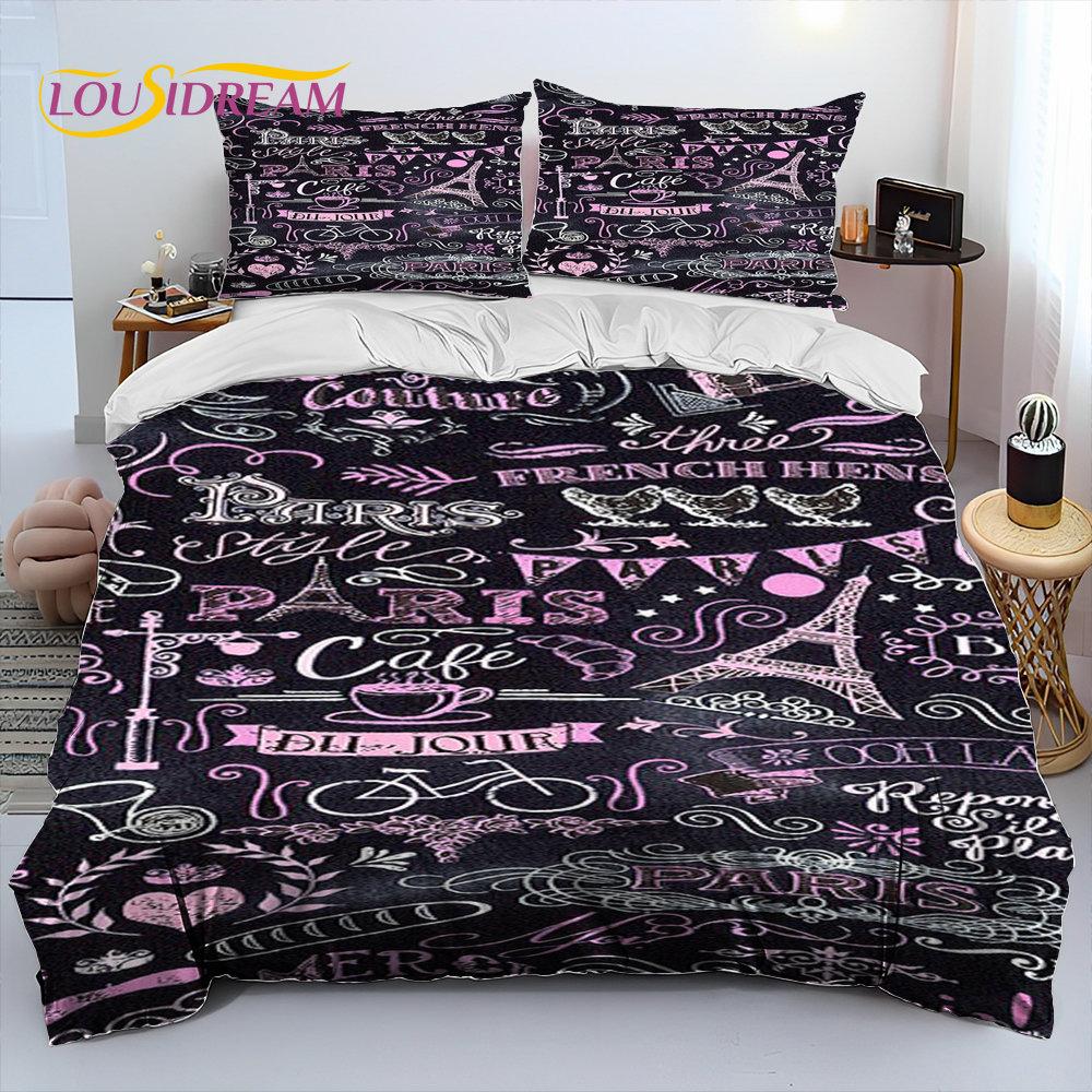 France Paris Eiffel Tower Comforter Bedding Set,Duvet Cover Bed Set Quilt Cover Pillowcase,King Queen Size Bedding Set Kid Adult