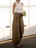 Chic Coffee-colored High-waisted Wide-leg Linen Pants for Women - Drapey, Stylish, and Casual Long Pants