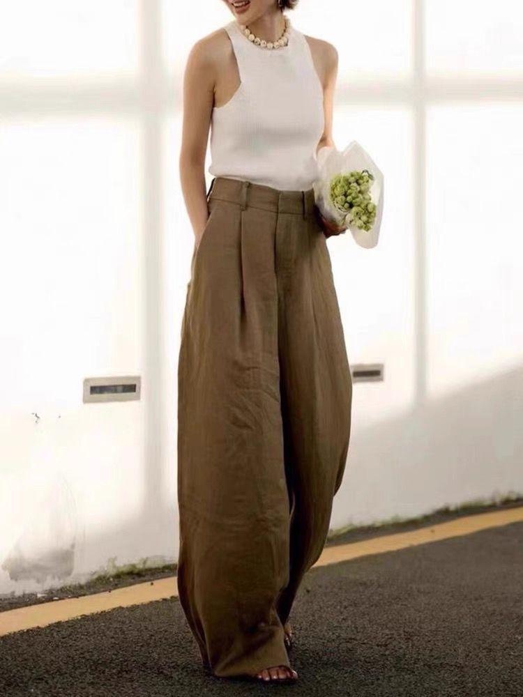 Chic Coffee-colored High-waisted Wide-leg Linen Pants for Women - Drapey, Stylish, and Casual Long Pants