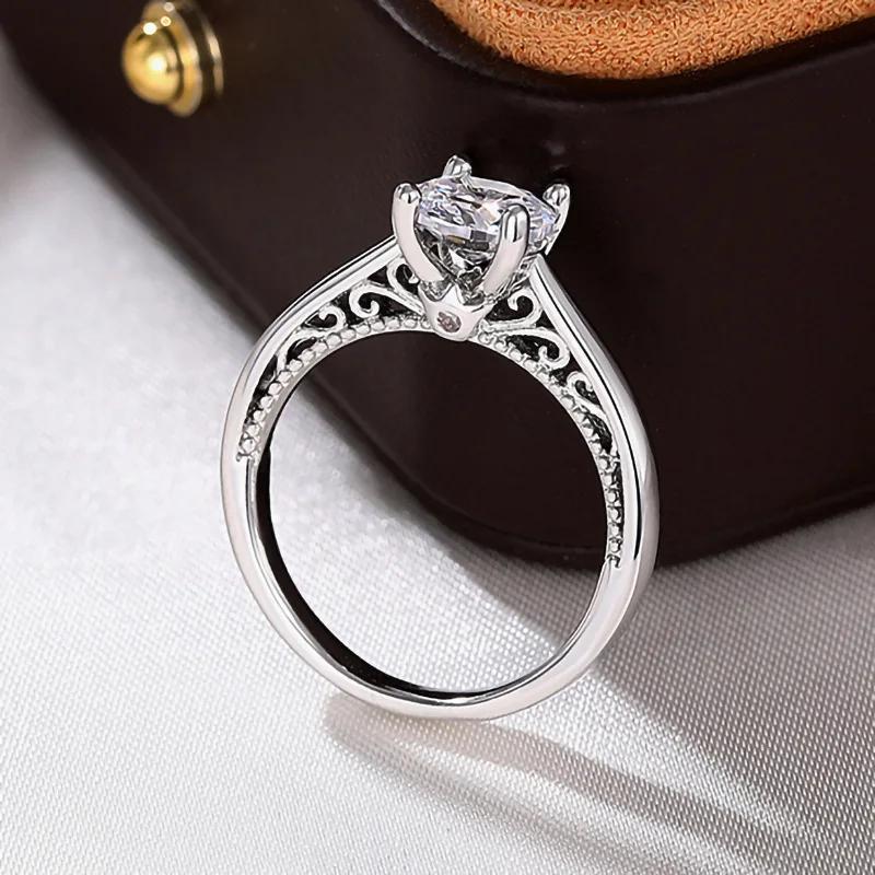Simple Female Rings  Sterling Silver Geometric 4 Claws Design Round Zircon Rings for Women Big Crystal Wedding  Gift