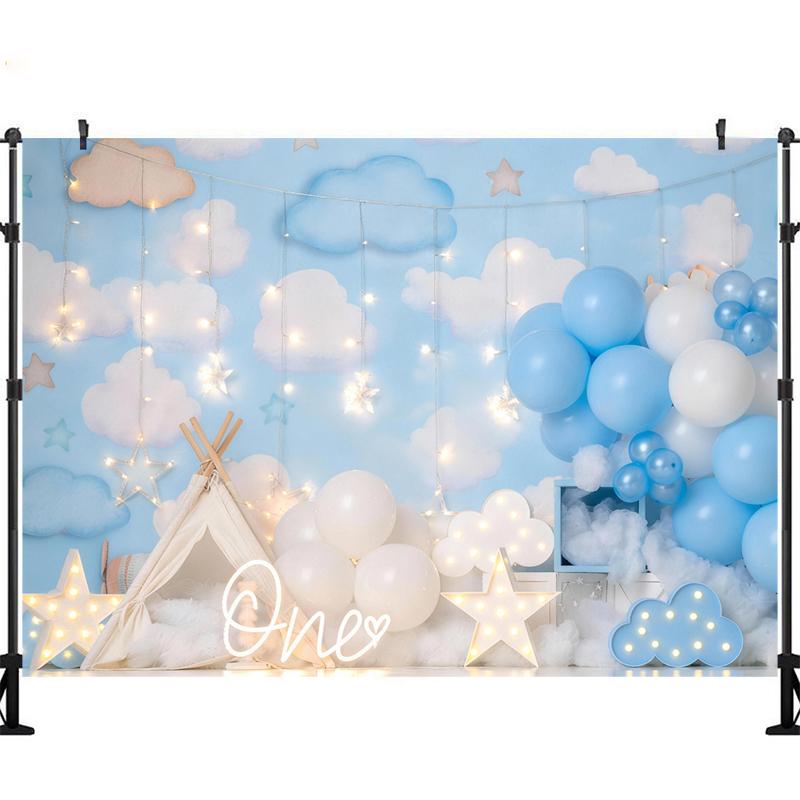 LS Photography Background Blue Sky Clouds Tent Balloons Glitter Decor Kids Birthday Baby Shower Cake Smash Photo Backdrop Studio