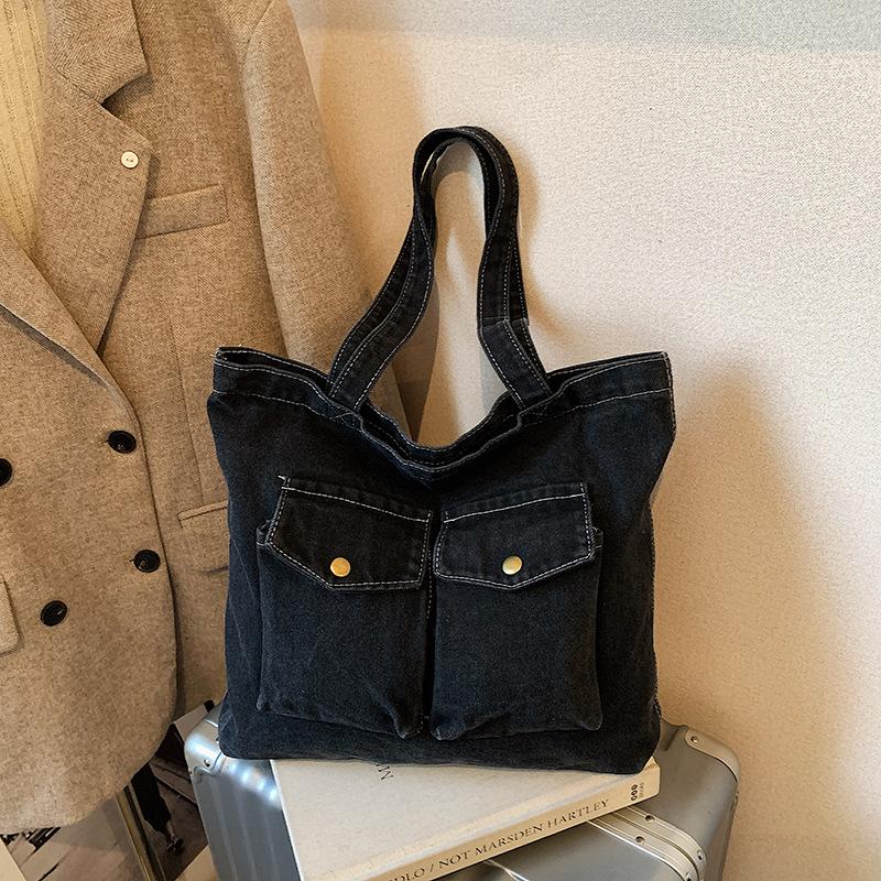 Double Pocket Design Denim Shoulder Bags for Women Large Capacity Ladies Students Tote Outing Travel Portable Female Handbags