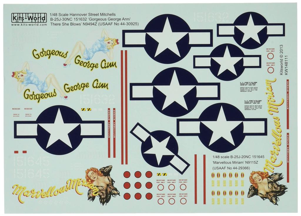 Platz KW148111 US Army Mitchell Gorgeous George She Blows Marvellous Miriam [1/48 B-25J Ann/There Decal]