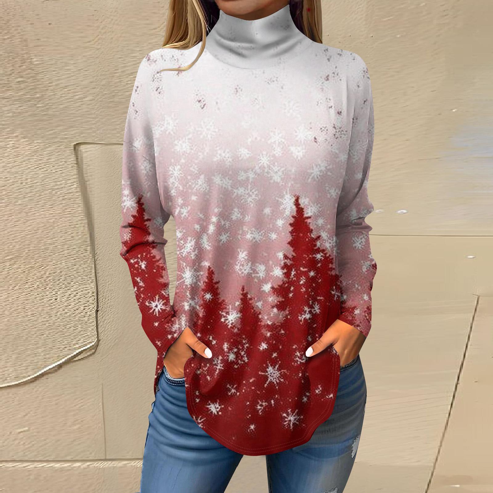 

Женская модная футболка свободного кроя с высоким воротом и рождественским принтом, топ с длинным рукавом S