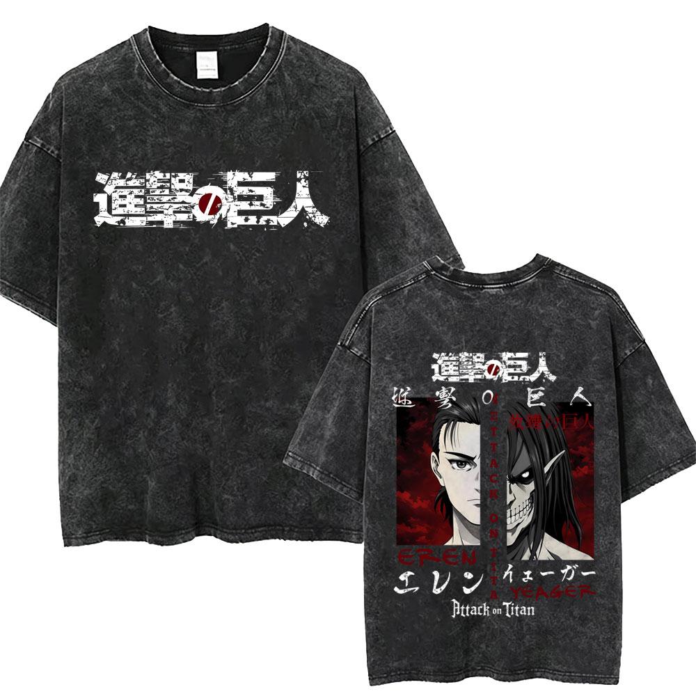 Washed Vintage Anime Attack on Titan Tshirts Eren Jaeger Graphic Tshirt Men Women Manga Retro Oversized Short Sleeve T Shirts