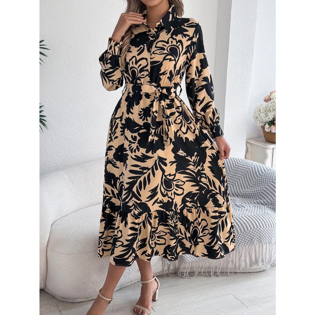 GMXIA Spring Summer Casual Flower-patterned Long-sleeved Shirt Dress Ruffled Long Dress Women's Clothing