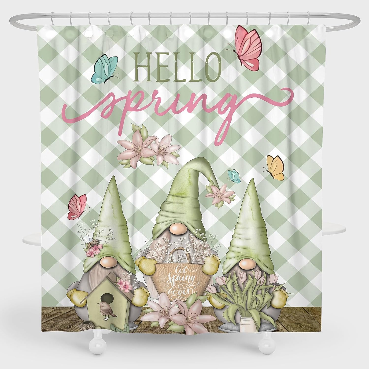 

Hello Spring Gnomes Shower Curtain Set With Sage Green Pattern, Waterproof Bathroom Decor For Spring Season Garden Theme W60H190(CM)-1 Pcs