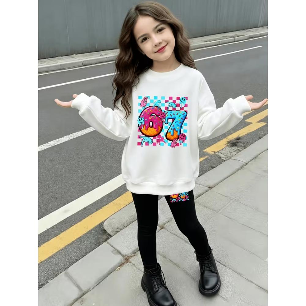 Girls' Donut Cartoon Casual Comfortable Soft Loose Pullover Sweatshirt and Leggings 2-Piece Set, New Autumn/Winter, Playful, Sweet and Cool Style