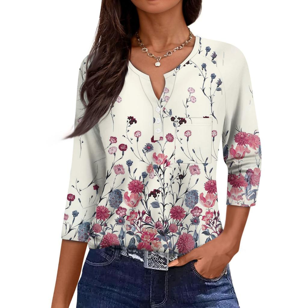 Women's Casual Fashion V-neck Loose Versatile Floral Print Three-quarter Sleeves